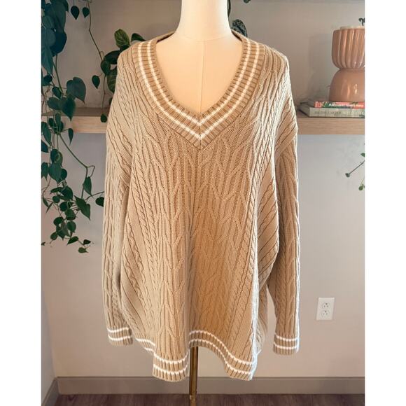 ASOS Cable Knit Oversized V-Neck Sweater Beige Large Preppy Chic Grandmacore - Picture 1 of 6